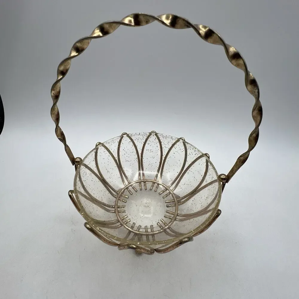 Vintage Atomic Gold Wire Lucite Basket Candy Dish Bowl 8